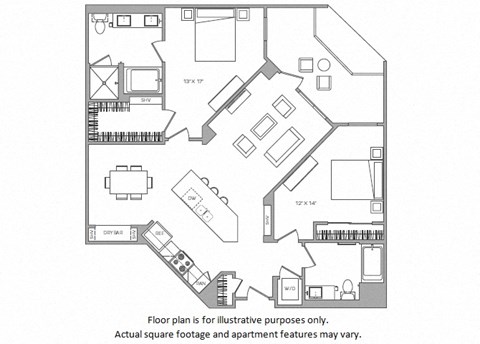 Floor plan for 2 beds, 2 baths, 1254 sqft